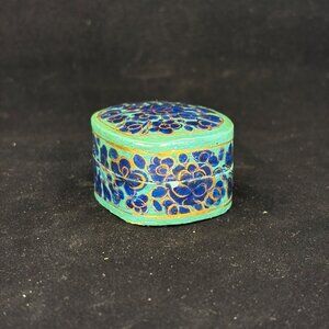 Vintage Lacquer Paper Mache Trinket Jewelry Box Round Hand Painted Floral
